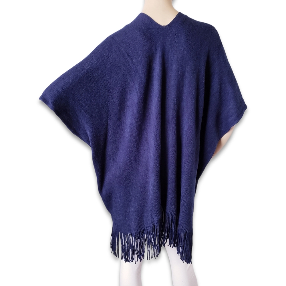 C-Mode Navy Blue Red Rose Embellished & Pearled Fringe Hem Poncho - Picture 7 of 8